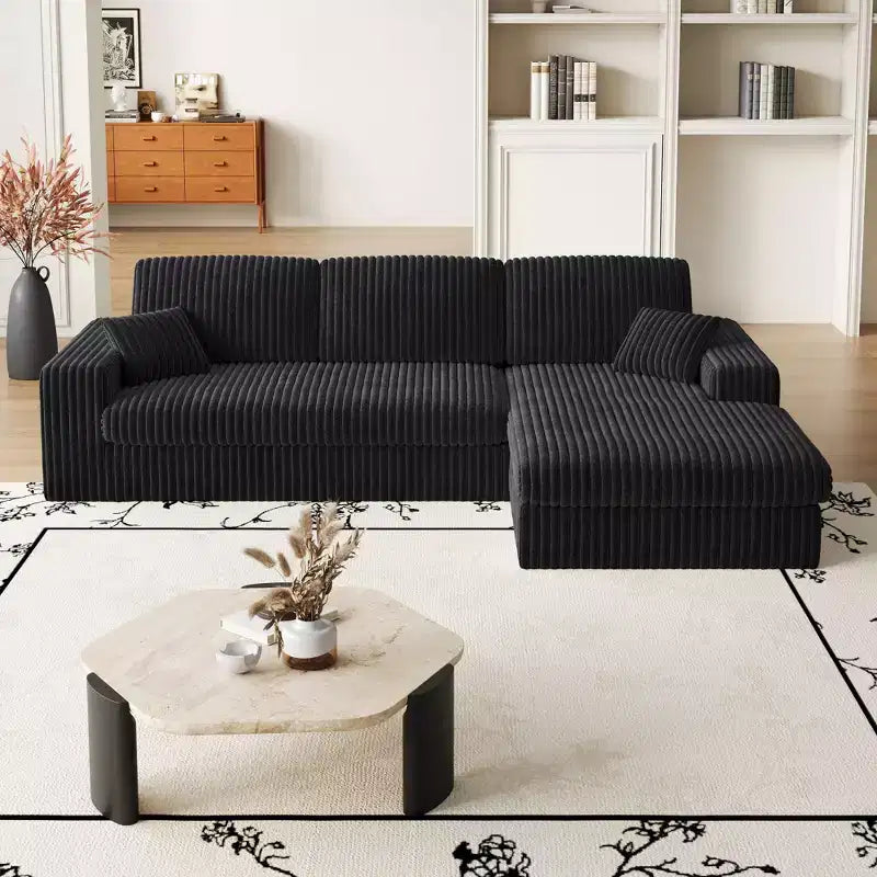 Canapé modulaire en mousse en velours côtelé beige moderne en forme de L de 114,5 pouces 2-en-1 avec trois coussins de nuque et deux coussins décoratifs