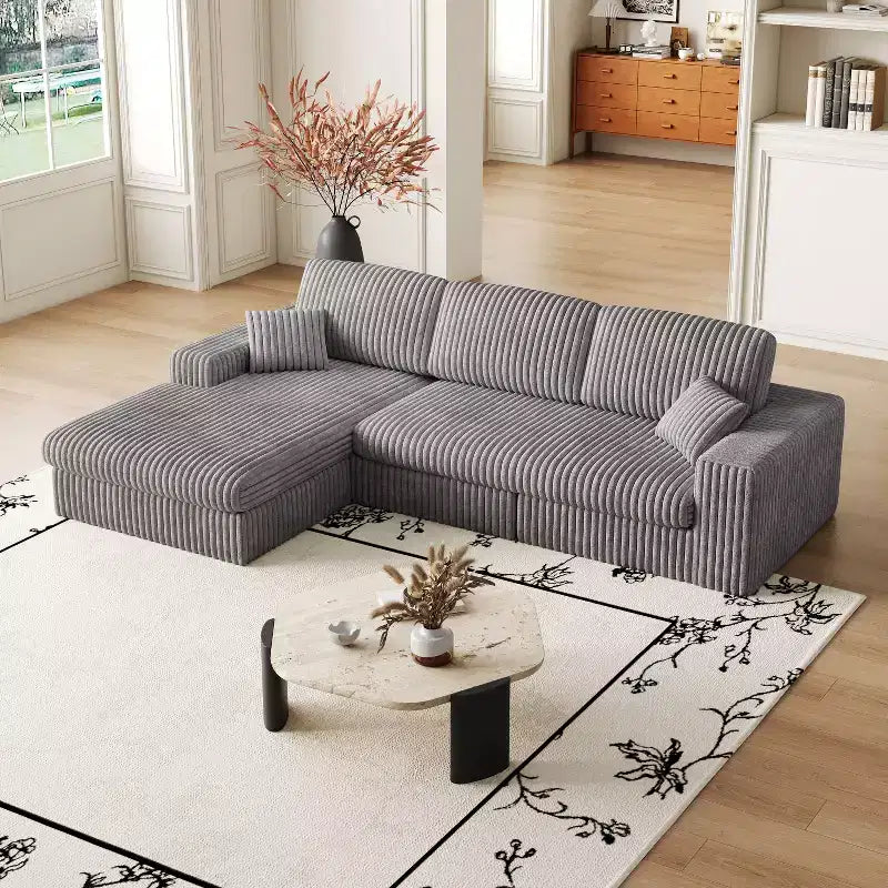 Canapé modulaire en mousse en velours côtelé beige moderne en forme de L de 114,5 pouces 2-en-1 avec trois coussins de nuque et deux coussins décoratifs