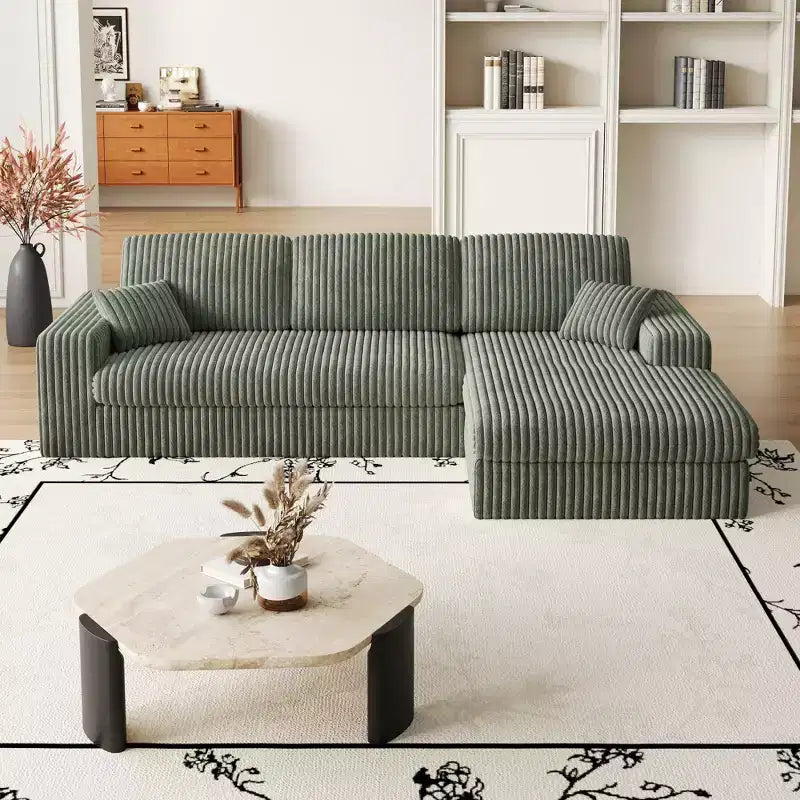Canapé modulaire en mousse en velours côtelé beige moderne en forme de L de 114,5 pouces 2-en-1 avec trois coussins de nuque et deux coussins décoratifs