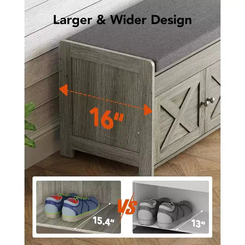 Banc à chaussures, banc de rangement à chaussures à 2 niveaux avec siège rembourré, banc d'entrée avec étagère réglable et portes de grange, capacité de poids maximale de 136 kg.