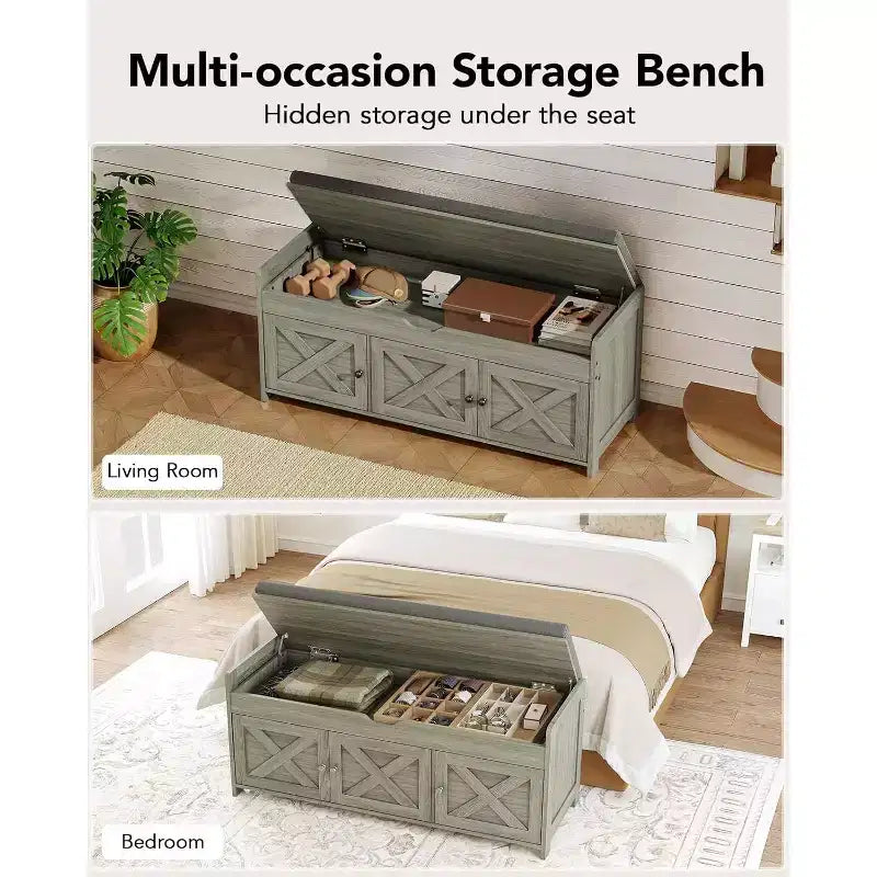 Banc à chaussures, banc de rangement à chaussures à 2 niveaux avec siège rembourré, banc d'entrée avec étagère réglable et portes de grange, capacité de poids maximale de 136 kg.
