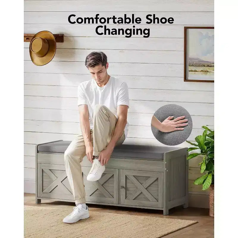 Banc à chaussures, banc de rangement à chaussures à 2 niveaux avec siège rembourré, banc d'entrée avec étagère réglable et portes de grange, capacité de poids maximale de 136 kg.