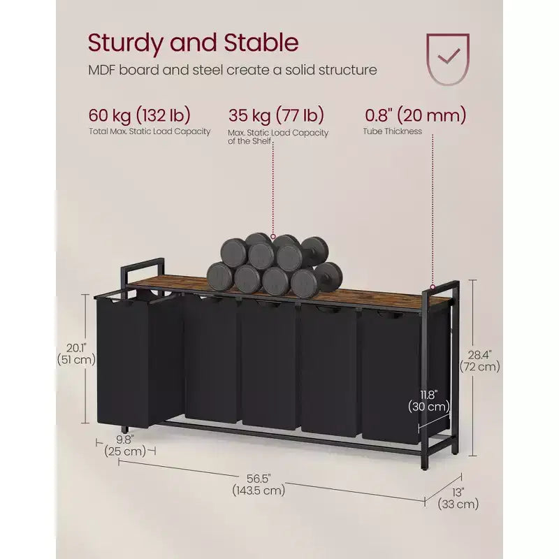 Chariot de tri de linge à 5 sacs avec sacs amovibles et lavables, capacité de 200 litres, panier à roulettes avec étagère ventilée, noir encre et marron rustique
