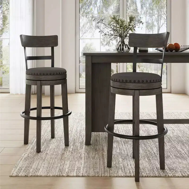 Tabouret de bar Gris : Finition vieillie, Pivotant, Clous décoratifs