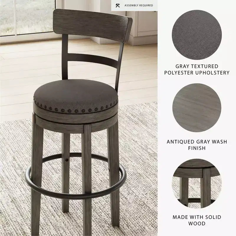 Tabouret de bar Gris : Finition vieillie, Pivotant, Clous décoratifs