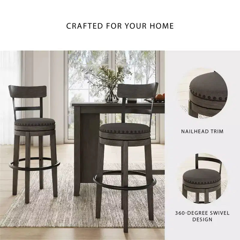 Tabouret de bar Gris : Finition vieillie, Pivotant, Clous décoratifs