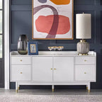 Buffet Mid-Century Moderne Blanc : Rangement, Accents Dorés, 4 Tiroirs, Étagère Réglable