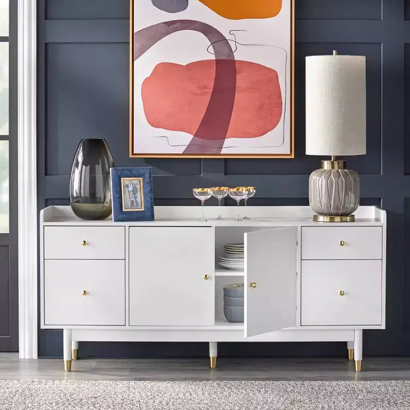 Buffet Mid-Century Moderne Blanc : Rangement, Accents Dorés, 4 Tiroirs, Étagère Réglable