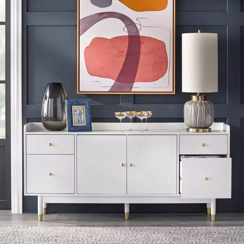 Buffet Mid-Century Moderne Blanc : Rangement, Accents Dorés, 4 Tiroirs, Étagère Réglable
