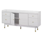 Buffet Mid-Century Moderne Blanc : Rangement, Accents Dorés, 4 Tiroirs, Étagère Réglable