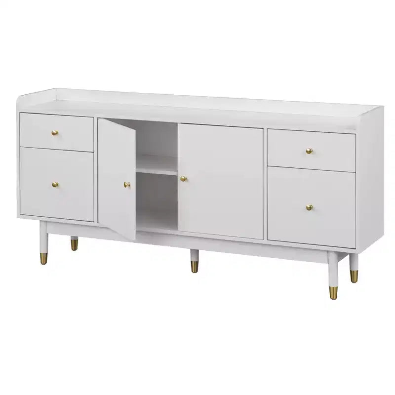Buffet Mid-Century Moderne Blanc : Rangement, Accents Dorés, 4 Tiroirs, Étagère Réglable