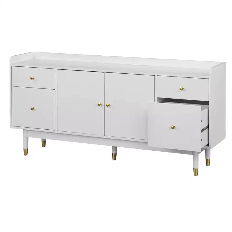 Buffet Mid-Century Moderne Blanc : Rangement, Accents Dorés, 4 Tiroirs, Étagère Réglable