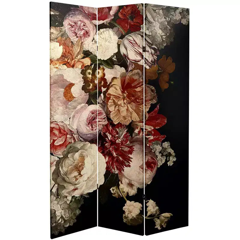 Paravent double face motif fleurs vintage 180 cm : Impression botanique haute résolution, cadre en bois, aucun assemblage requis