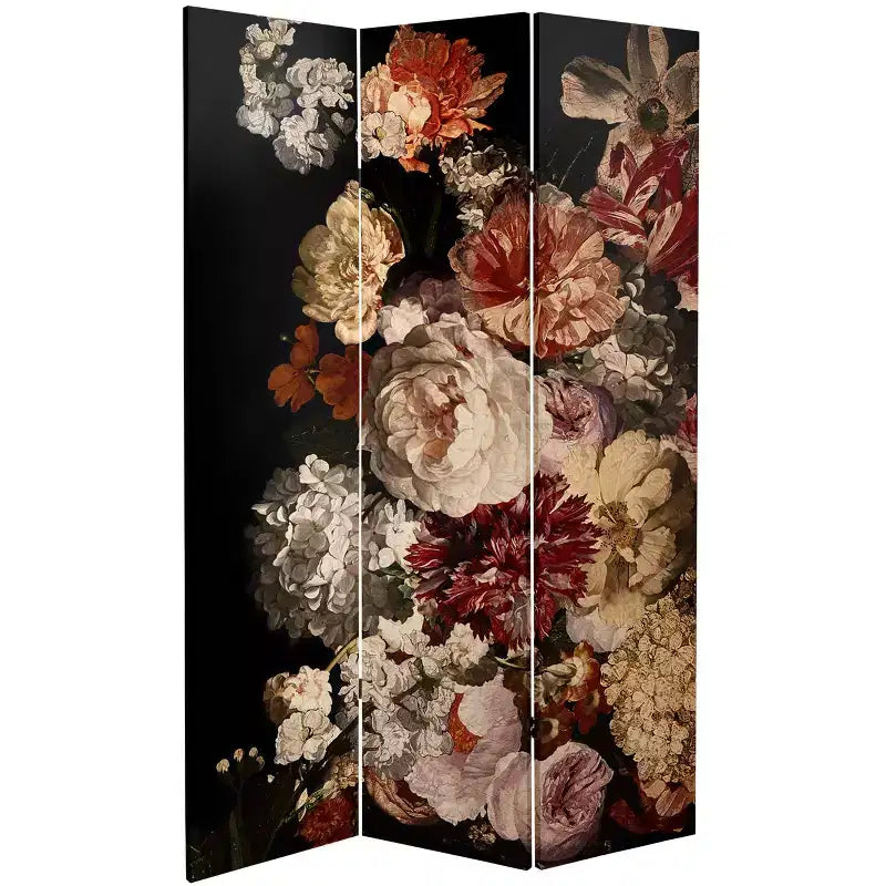 Paravent double face motif fleurs vintage 180 cm : Impression botanique haute résolution, cadre en bois, aucun assemblage requis