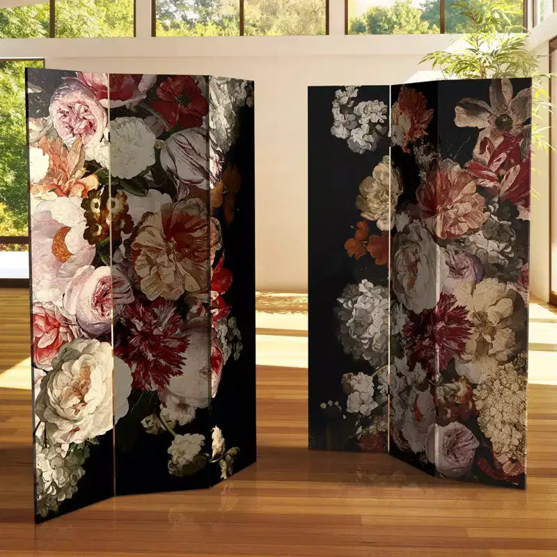 Paravent double face motif fleurs vintage 180 cm : Impression botanique haute résolution, cadre en bois, aucun assemblage requis