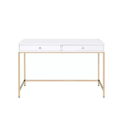 Bureau 2 tiroirs Blanc laqué/Doré