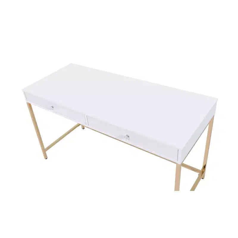 Bureau 2 tiroirs Blanc laqué/Doré