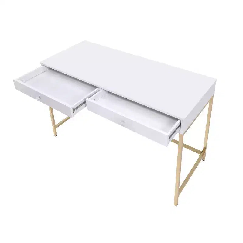 Bureau 2 tiroirs Blanc laqué/Doré