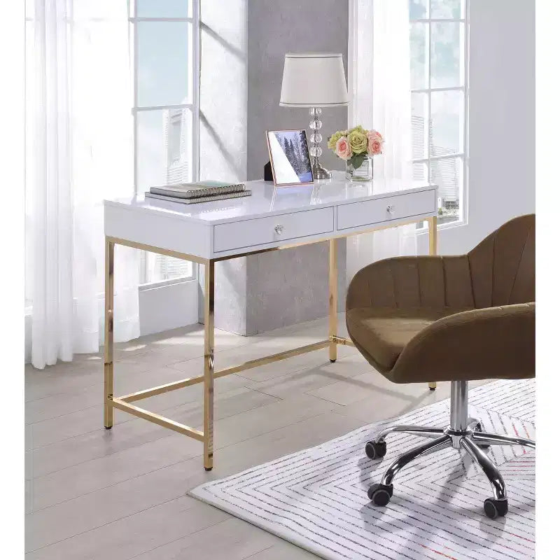 Bureau 2 tiroirs Blanc laqué/Doré