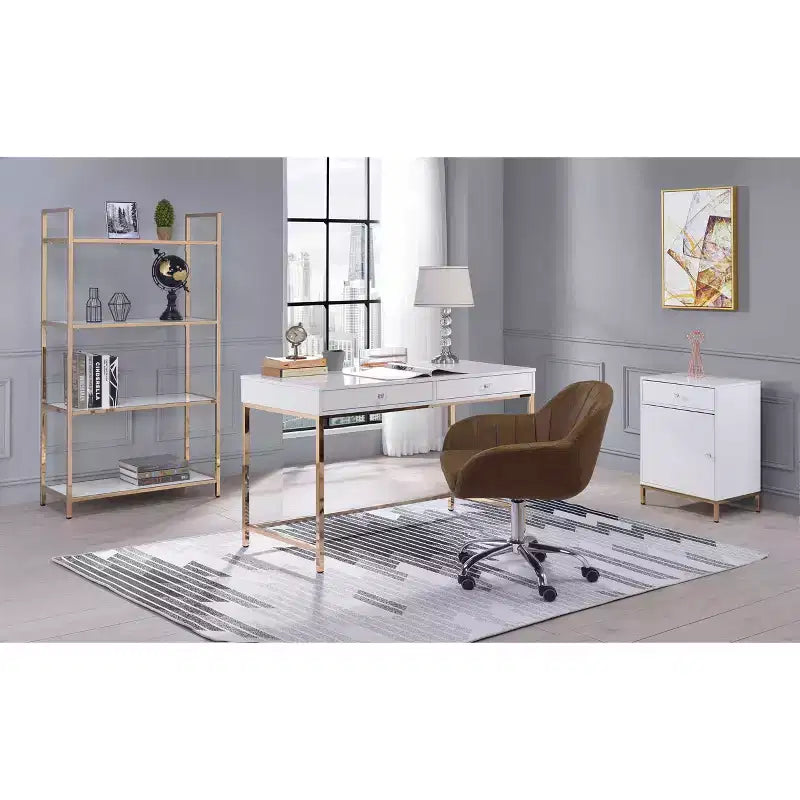Bureau 2 tiroirs Blanc laqué/Doré