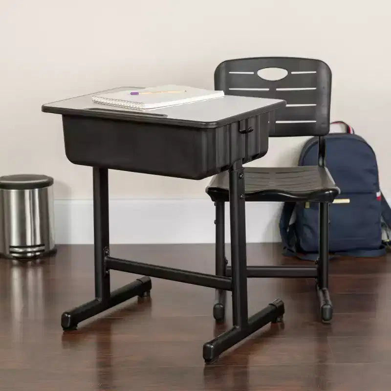 Bureau et chaise d'étudiant réglables en hauteur avec cadre piédestal noir