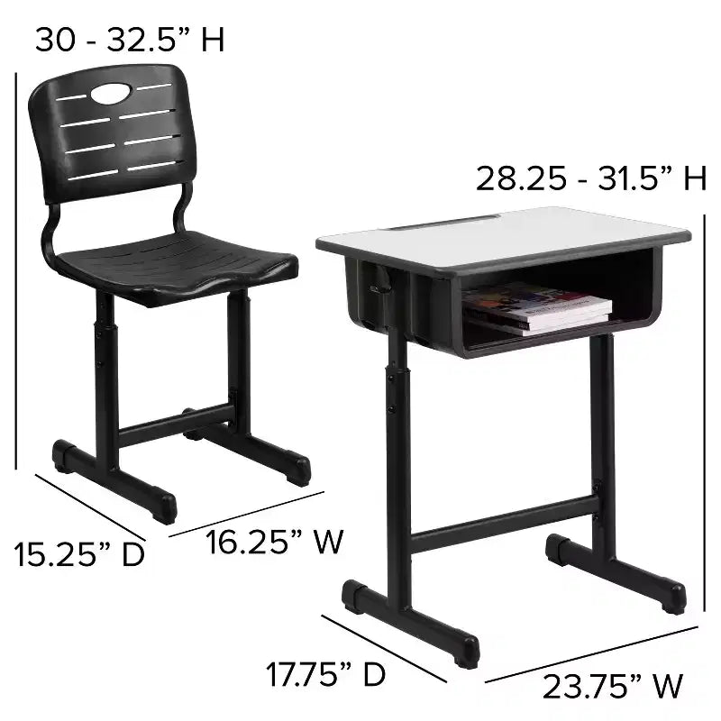 Bureau et chaise d'étudiant réglables en hauteur avec cadre piédestal noir