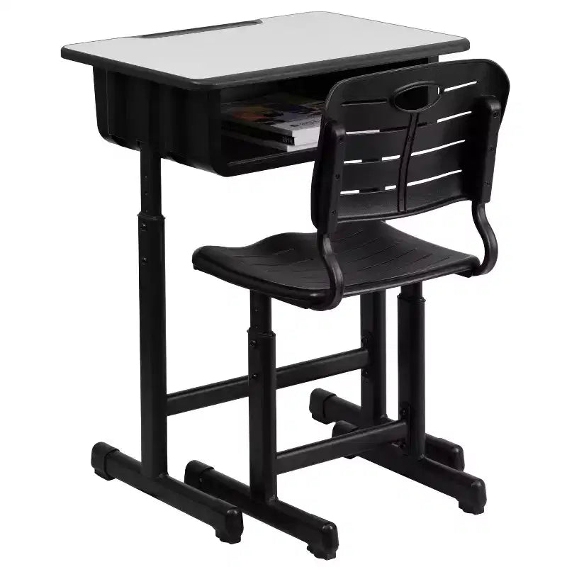 Bureau et chaise d'étudiant réglables en hauteur avec cadre piédestal noir