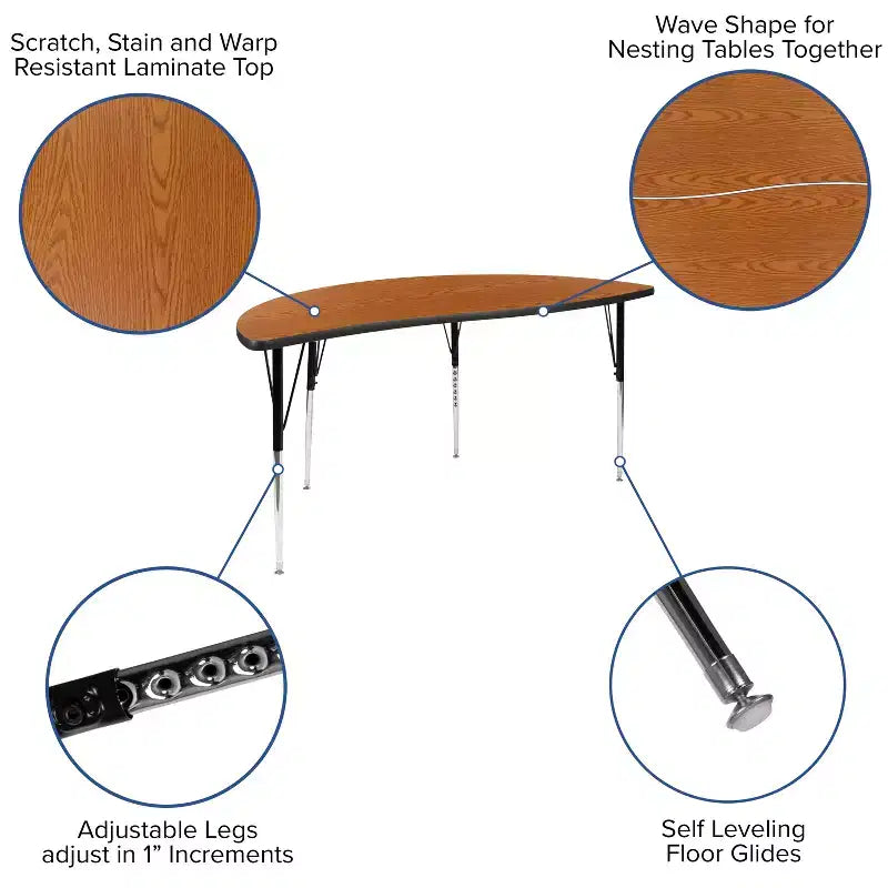 Table d'activités collaborative laminée thermique flexible demi-cercle vague 60 po - Pieds réglables en hauteur standard