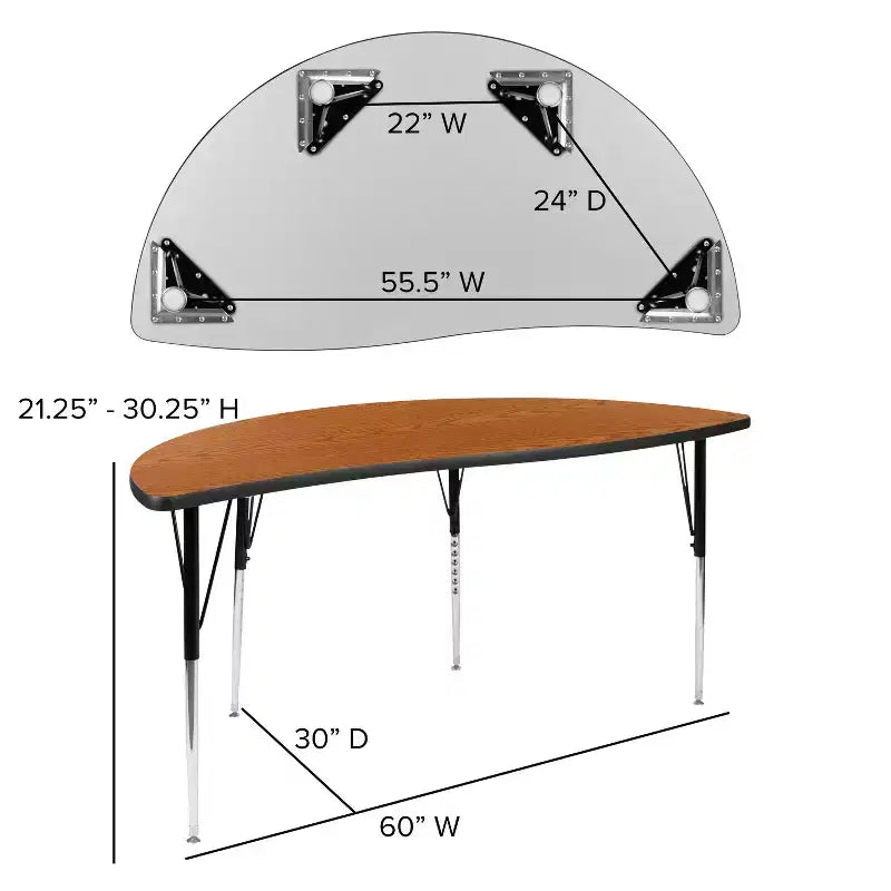 Table d'activités collaborative laminée thermique flexible demi-cercle vague 60 po - Pieds réglables en hauteur standard