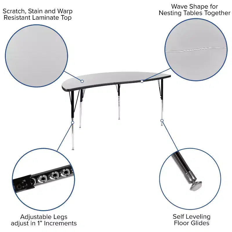 Table d'activités collaborative laminée thermique flexible demi-cercle vague 60 po - Pieds réglables en hauteur standard