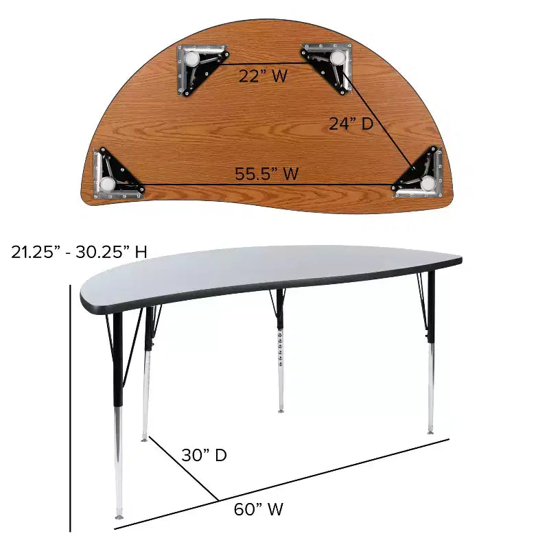 Table d'activités collaborative laminée thermique flexible demi-cercle vague 60 po - Pieds réglables en hauteur standard