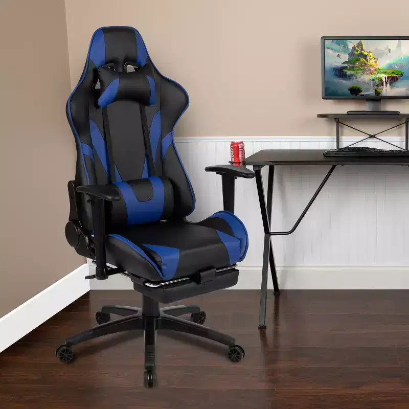 Fauteuil de jeu ergonomique Racing avec dossier inclinable et repose-pieds en similicuir rouge