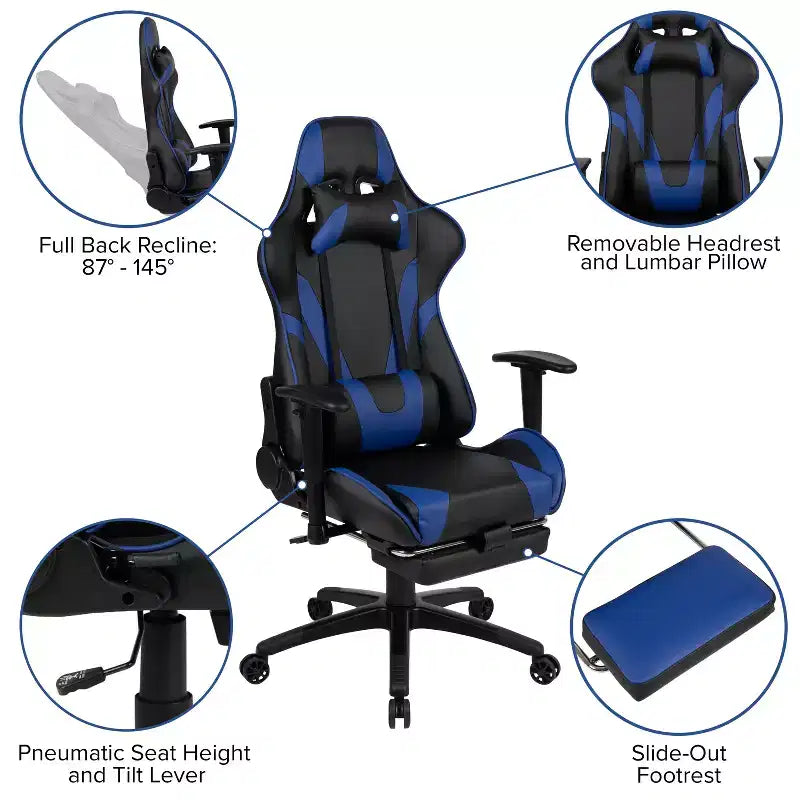Fauteuil de jeu ergonomique Racing avec dossier inclinable et repose-pieds en similicuir rouge