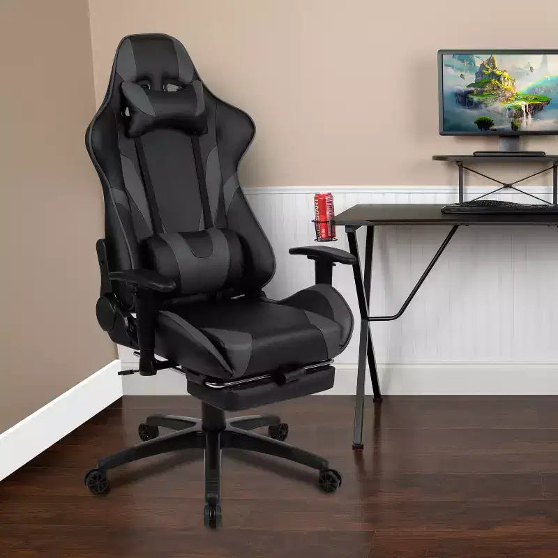 Fauteuil de jeu ergonomique Racing avec dossier inclinable et repose-pieds en similicuir rouge
