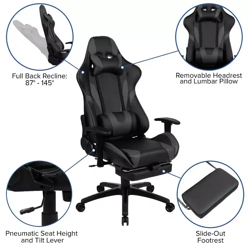 Fauteuil de jeu ergonomique Racing avec dossier inclinable et repose-pieds en similicuir rouge
