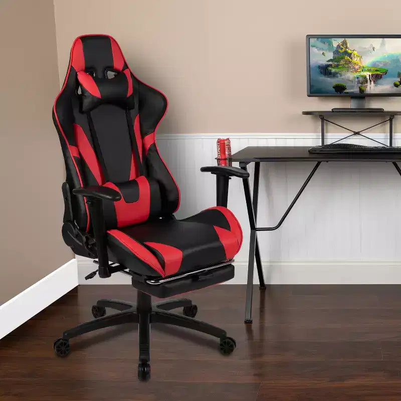Fauteuil de jeu ergonomique Racing avec dossier inclinable et repose-pieds en similicuir rouge