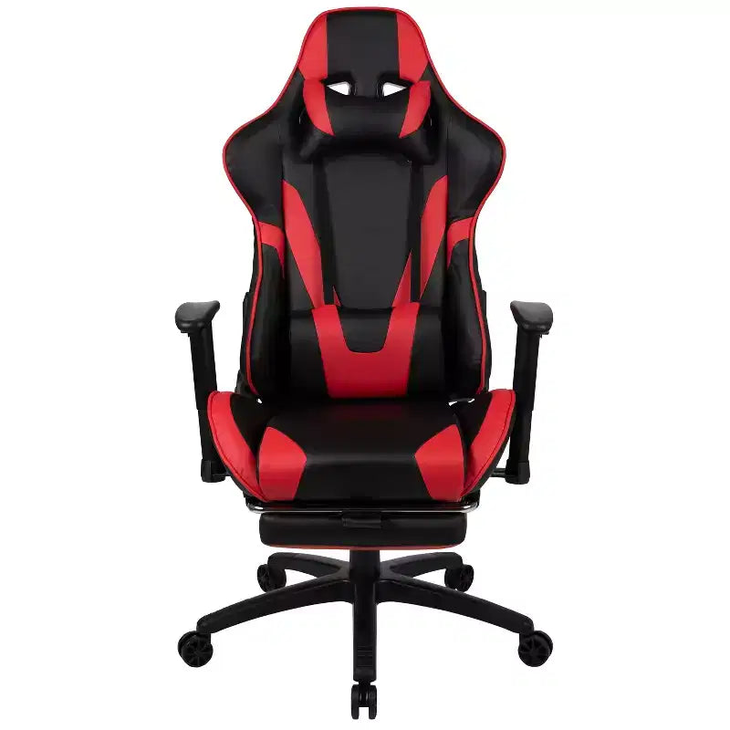 Fauteuil de jeu ergonomique Racing avec dossier inclinable et repose-pieds en similicuir rouge