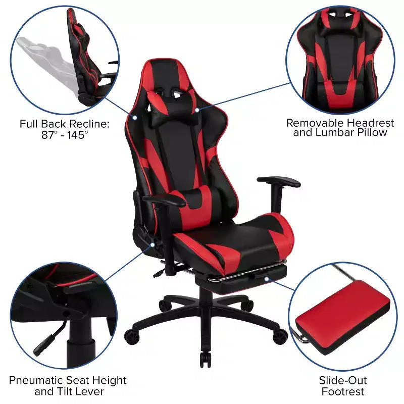 Fauteuil de jeu ergonomique Racing avec dossier inclinable et repose-pieds en similicuir rouge