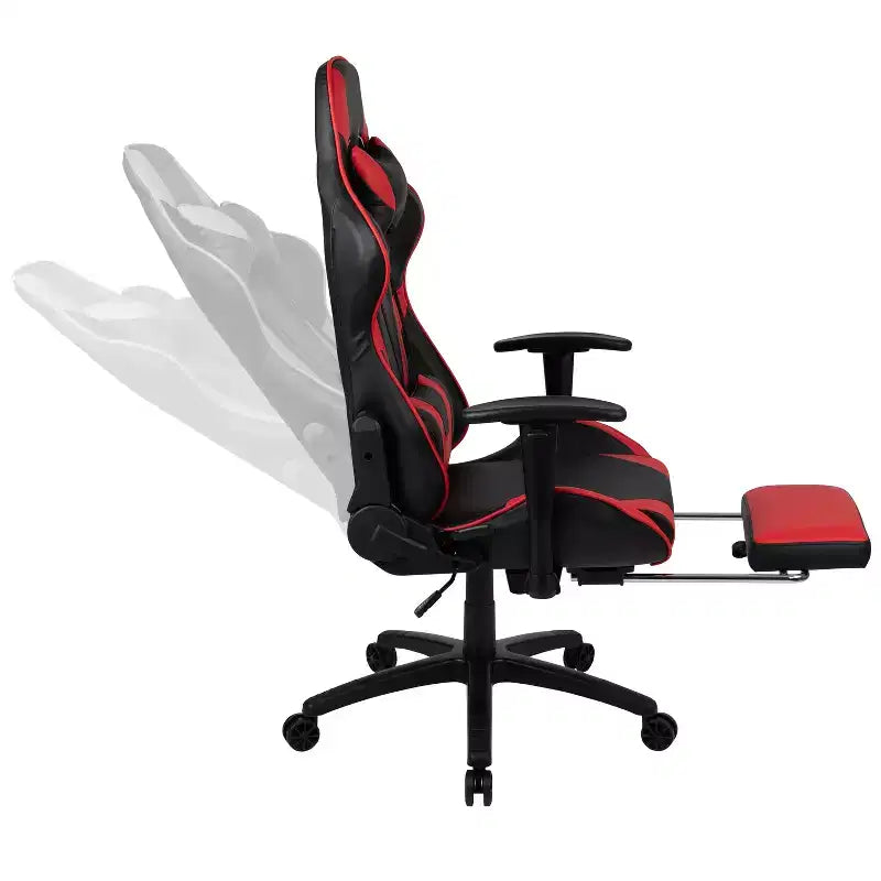 Fauteuil de jeu ergonomique Racing avec dossier inclinable et repose-pieds en similicuir rouge