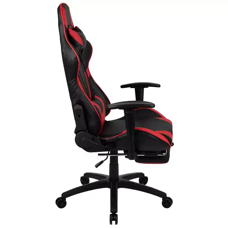 Fauteuil de jeu ergonomique Racing avec dossier inclinable et repose-pieds en similicuir rouge
