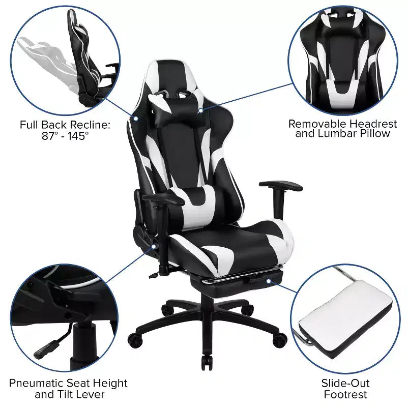 Fauteuil de jeu ergonomique Racing avec dossier inclinable et repose-pieds en similicuir rouge