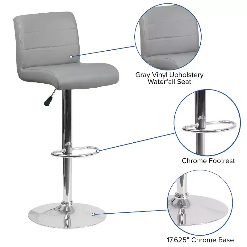 Tabouret de bar pivotant à roulettes, réglable en hauteur, avec base chromée