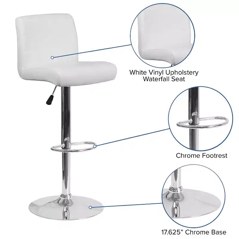 Tabouret de bar pivotant à roulettes, réglable en hauteur, avec base chromée