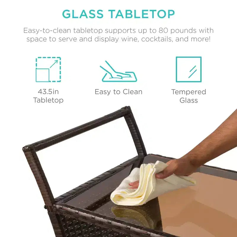 Chariot de bar roulant d'extérieur en osier avec seau à glace, plateau en verre, porte-verres, rangement - Marron