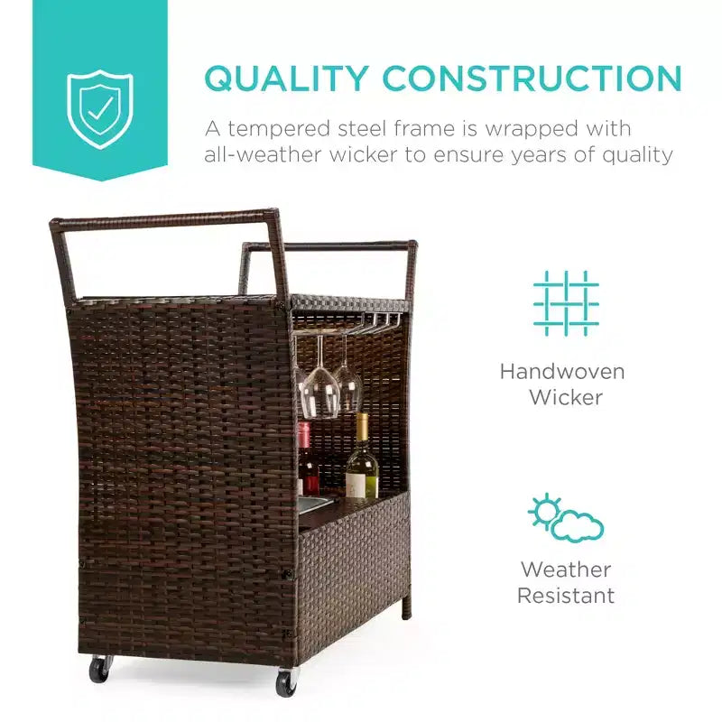 Chariot de bar roulant d'extérieur en osier avec seau à glace, plateau en verre, porte-verres, rangement - Marron