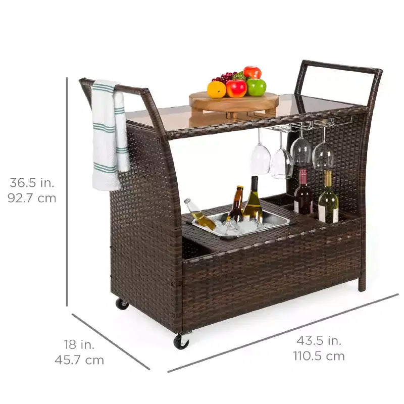Chariot de bar roulant d'extérieur en osier avec seau à glace, plateau en verre, porte-verres, rangement - Marron