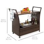 Chariot de bar roulant d'extérieur en osier avec seau à glace, plateau en verre, porte-verres, rangement - Marron