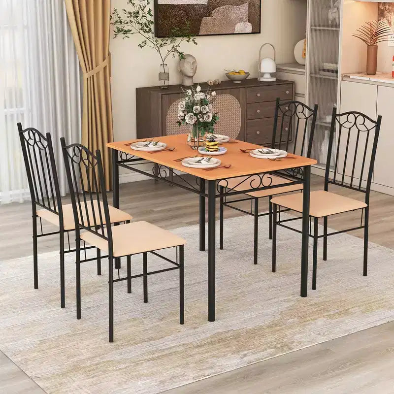 Ensemble de salle à manger 5 pièces en bois et métal, table de 76 cm et 4 chaises rembourrées, meubles de cuisine pour petit-déjeuner