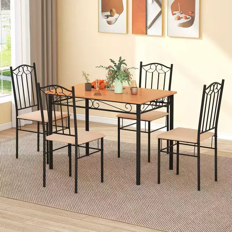 Ensemble de salle à manger 5 pièces en bois et métal, table de 76 cm et 4 chaises rembourrées, meubles de cuisine pour petit-déjeuner