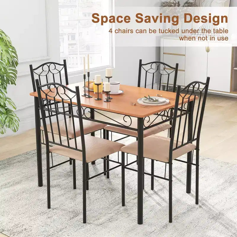 Ensemble de salle à manger 5 pièces en bois et métal, table de 76 cm et 4 chaises rembourrées, meubles de cuisine pour petit-déjeuner
